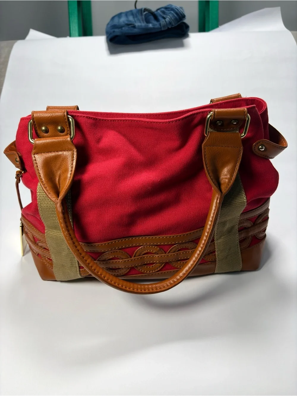 Naturalizer Red Canvas Tote with Tan Trim and Interior